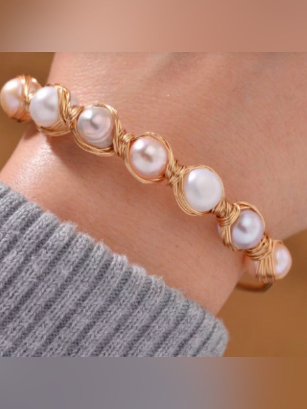 Gold Wire freshwater Pearl Bangle Bracelet - Elegant Women's Jewelry